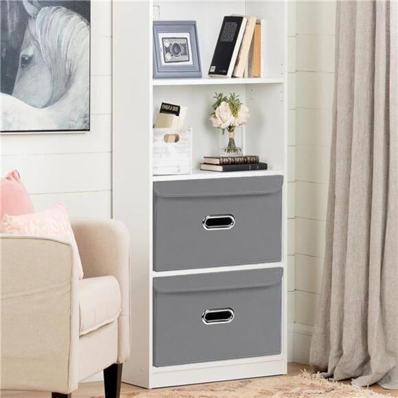 Linen Fabric Storage Cubes w/ Lid & Leather Handles - Foldable, 3-Piece Set,Grey - Picture 4 of 7